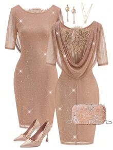 Ellevyn Women's Glamorous Sexy Party Banquet Romantic Elegant Metallic Lurex Cowl Back Contrast Lace Bodycon Dress - Champagne - View 1