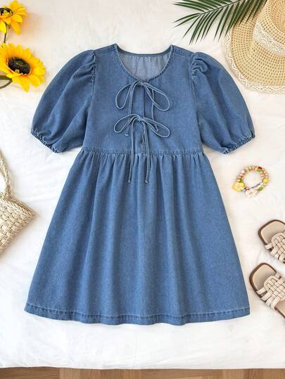SHEIN Vestido holgado con mangas abullonadas, nudo delantero y denim azul para chicas adolescentes