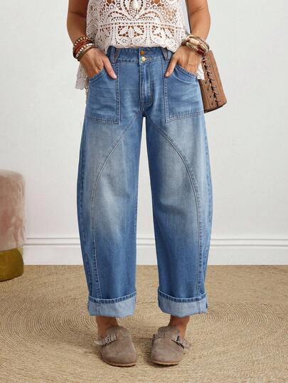 SHEIN PETITE Kadın Düğmeli Bel Tasarımlı Cepli Dar Paça Günlük Kot Pantolon