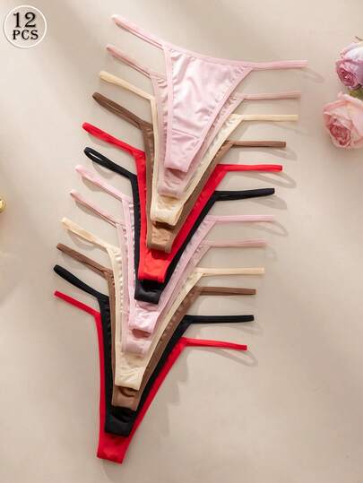 12pcs Assorted Comfortable Women's Panties, Casual Multicolor Thongs, Satin Fabric Seamless Ladies Underwear