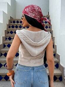 EURMUSE Cable Knit Hooded Vest With Gold Statement Buttons, Chic Sleeveless Sweater Top For Layered Spring Summer Outfits - Beige - View 2