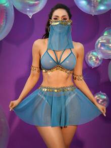 Conjunto de 6 piezas de lencería sexy de malla para mujer - Agua verde azul - Ver 6