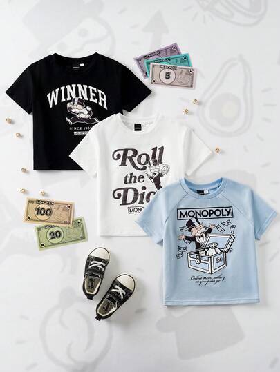 MONOPOLY X SHEIN Young Boy Letter & Cartoon Print Round Neck Short Sleeve Casual T-Shirt, MONOPOLY