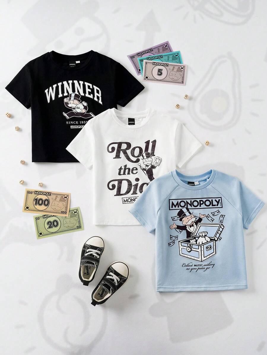 MONOPOLY X SHEIN 男童字母卡通印花圆领短袖休闲T恤，MONOPOLY - 黑色 - 查看 1