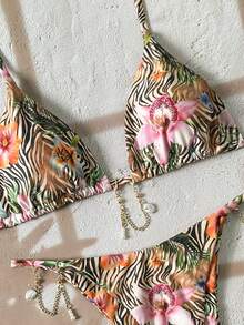 Swim Vcay Swim SXY 2pcs/Set Floral & Animal Print Beaded Chain Halter Triangle Bikini Top And Bottoms Sexy Swimwear Set For Women, Spring/Summer - Multicolor - View 2