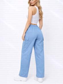 Pantalones cargo largos informales para mujer con detalle de lazo y tejido ligeramente elástico ma1121 - Azul - Ver 2