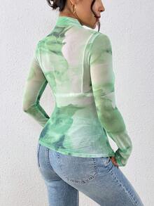 SHEIN Clasi Áo kiểu nữ thời trang gợi cảm in họa tiết tie-dye, cổ đứng, chất liệu xuyên thấu. - Màu xanh Cadet - Xem 2