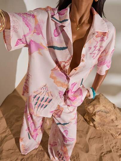 Opulessa Summer Spring Elegant Casual Going Out Beach Vacation Printed Loose Woven Women Shirt, Elegant Seashell Print,Spring Summer Vacation Outfits Kimonos For Woman Resort Wear Women