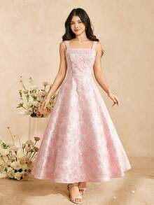SHEIN Teen Girl Elegant Jacquard Weave Dress,Summer Formal Wedding Ninang Dress,Hot Pink Brocade Gown,Junior Bridesmaid Champagne Zipper Closure Dresses - Pink - View 1