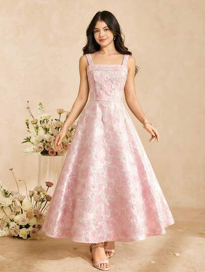 SHEIN Teen GirlElegant Jacquard Weave Dress, Lantern Sleeve, Zipper Closure, Champagne Color, Suitable For Daily Wear And Formal Occasions Jacquard Dress Brocade Dress Girls Girls Formal Dress Pink Elegant Teen Dresses Light Pink Junior Bridesmaid Dress