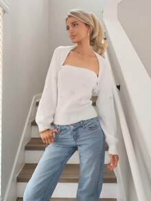 Sydney Algeri 2 件套女式毛衣套装，白色圣诞亮片雪花吊带背心和开衫，弹力针织，时尚休闲，秋冬 - 白色 - 查看 1