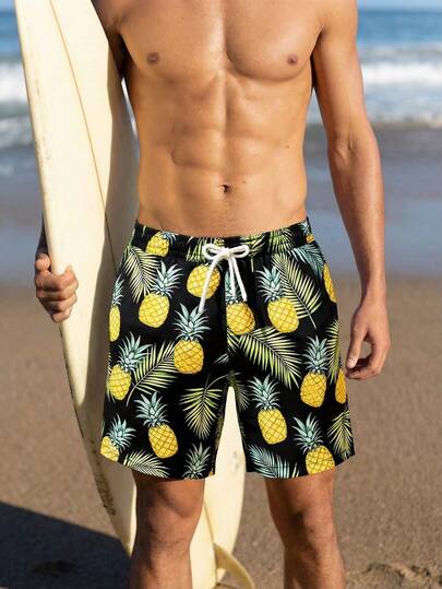 Manfinity Swimmode Men's Pineapple Print Drawstring Waist Pocket Beach Shorts Men's Pineapple Shorts Men's Swim Trunks Drawstring