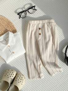 SHEIN Baby Jungen bequeme, vielseitige, alltagstaugliche gerade Hose mit Streifenmuster und Knopfverzierung, geeignet für Innen, Außen, Alltag, Sport, Spiel, Party, Fotoshooting, Urlaub, Festivals, Frühling/Sommer - Verschiedenfarbig - Übersicht 3
