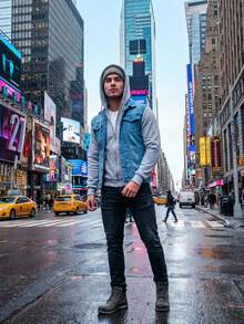 Jacket With Lace-Up Hood And Long Lapel Sleeves Unique For Plus Size Men To Go Out, College, Vacation And Street In Fall - Azul claro con gris - View 4