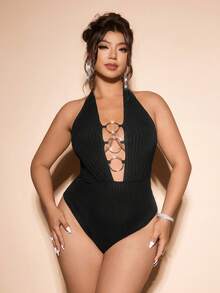 Cravure Plus Size 's Knitted Striped Metal Buckle Decor Bodysuit,70's Summer Night Out Club Party Style,Suitable For Vacation&Music Festivals - Black - View 3