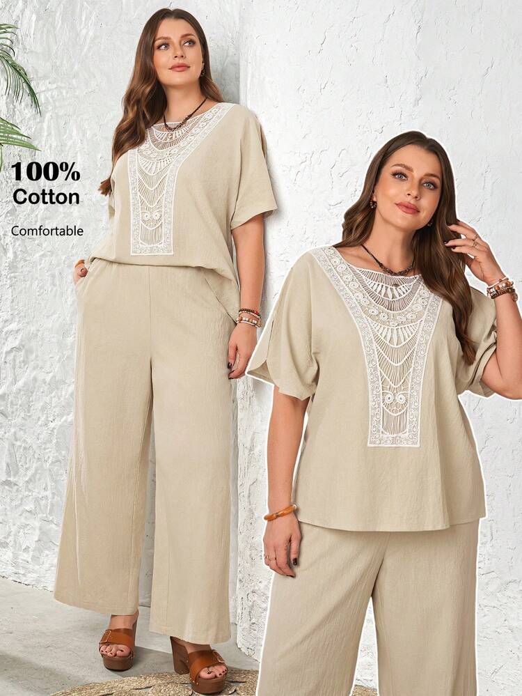 2pc Set  Plus Size Women's Summer Casual Vacation Country  Solid Color Khaki Off-Shoulder Short Sleeve Lace Collar Linen Top And Pants 2-Piece Set With Pockets, Spring/Summer,Summer\Vacation,Summer Holiday,Spring Break Outfits ,Vacation Outfits Women ,Holiday Outfits For Women,Going Out Outfits,2026 New Clothes,Simple And Fashionable For Everyday Wear,Suitable For Summer, Vacation, Daily Wear,Modest Two Piece Set, Plus Size Summer Sets,Plus Size Pants Set,Boho Set,Boho Pants Set For Women,Wide Leg Pants Set,2 Piece Casual Sets Woman, Short Sleeve Two Piece Set,Two Piece Set Women Comfy