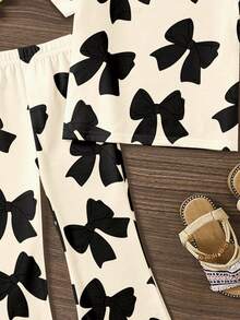 SHEIN Retro Sweet Black Bow Print Young Girl Casual Cartoon Pattern Round Neck Short Sleeve Top And Flare Pants 2-Piece Set,Suitable For Summer Campus,Home - Multicolor - View 6