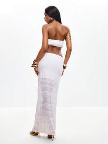 Coolane Women's Spring/Summer Chic Vacation Outfits Cable-Knit Metal Flowers Pleated White Long Suit Set - White - View 6