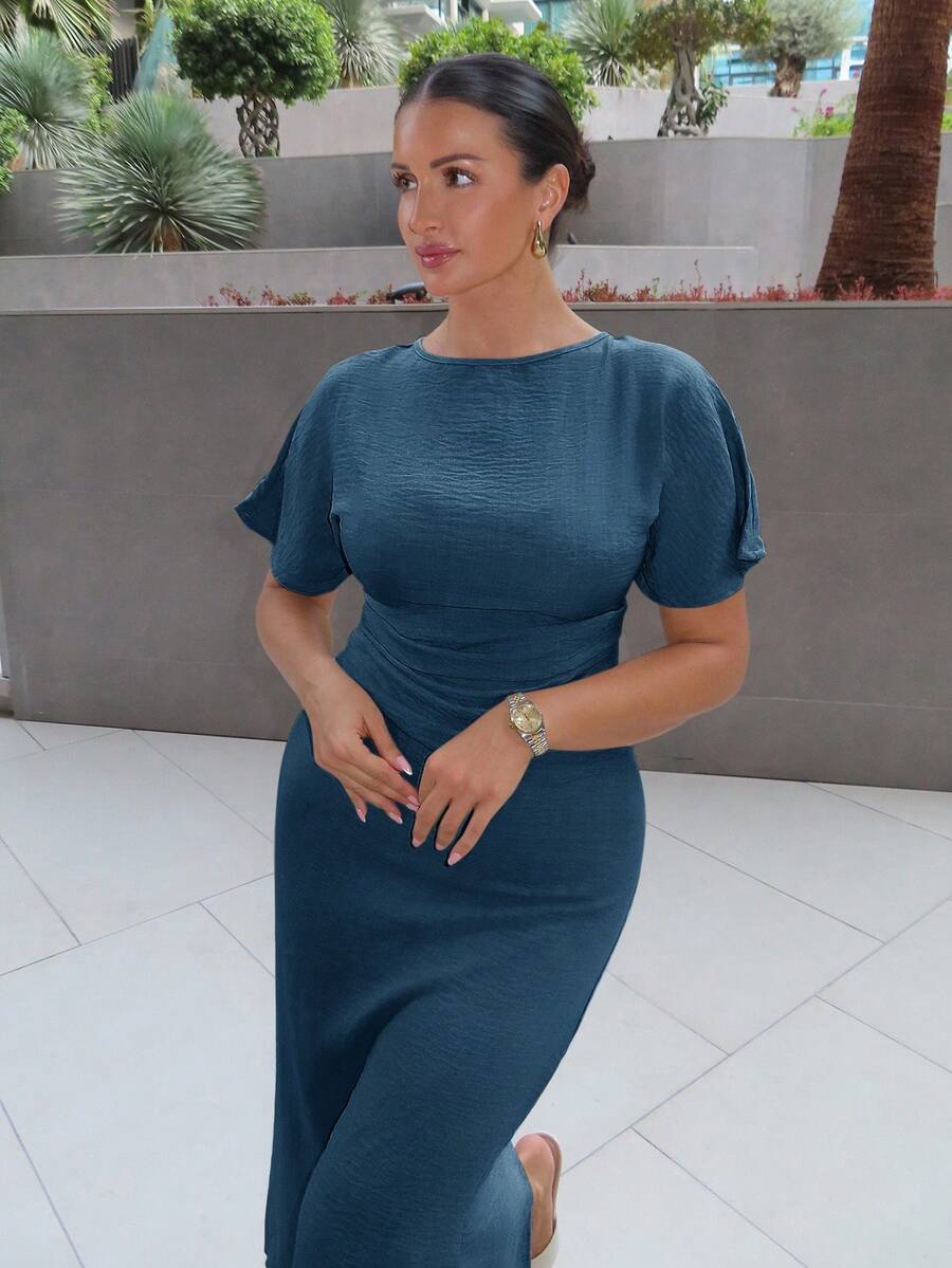 MDEdit Women's Solid Color Linen Blended Summer Dress Women Casual Dress Women Birthday Outfit Elegant Evening Dress Blue Formal - Navy Blue - View 1