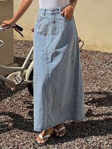 DAZY Distressed Print Loose A-Line Maxi Denim Skirt, Casual Summer Vacation For Women - Blue - View 5