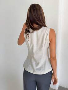 Aloruh 女士春夏新款杏色纯色亚麻西装背心外套，斜领设计，金属纽扣装饰，优雅休闲职业装 - 杏色 - 查看 6