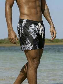 Manfinity Swimmode 男士休闲海滩度假印花抽绳宽松沙滩短裤 - 黑色 - 查看 3