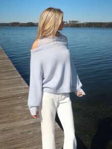 Sydney Algeri 女士宽松镂空落肩长袖休闲毛衣，秋季 - 藍色 - 查看 5