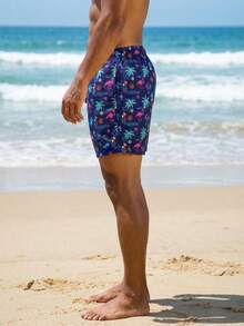 Manfinity Swimmode 男士彩色印花休闲沙滩短裤 - 藏蓝色 - 查看 6