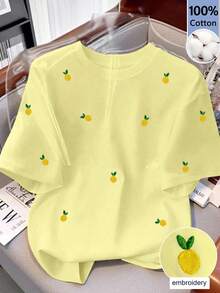 Resyla Summer Casual Lemon Embroidery All-Over Print Round Neck Short Sleeve T-Shirt - Yellow - View 3