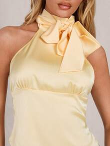 Glamine 性感露背系带蝴蝶结不对称下摆无袖缎面女式衬衫 - 黃色 - 查看 7