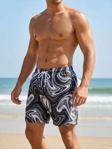 Zalmeno Plus Size Men's Marble Print Drawstring Waist Pocket Beach Shorts - Multicolor - View 5