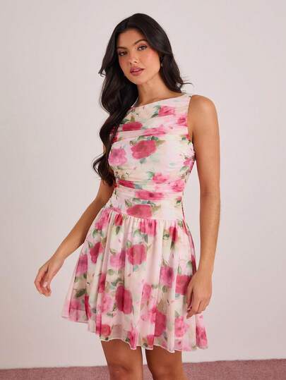 Enchnt Spring/Summer Romantic Women's White & Pink Floral Print Sleeveless Ruched Mini Dress,Sweet&Elegant For Vacation&Date&Holiday&Going Out&Valentine's Day,Spring Outfit Women