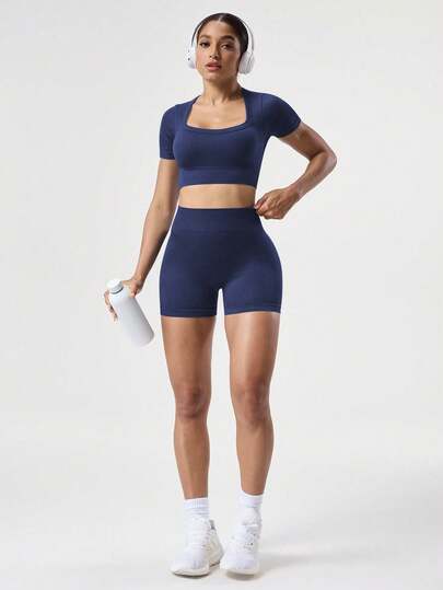 Easithlete 2 piezas Conjunto + Ajuste regular + Tela que absorbe la humedad/Acanalado + Cuello cuadrado/Básico/Azul marino + Conjunto de ropa deportiva + Sin costuras/Yoga