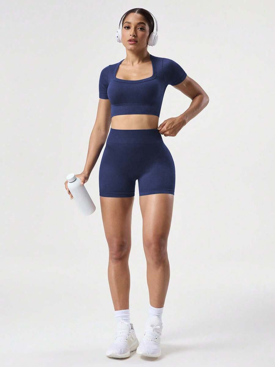 SHEIN Sovereign Charm 2 piezas Conjunto + Ajuste regular + Tela que absorbe la humedad/Acanalado + Cuello cuadrado/Básico/Azul marino + Conjunto de ropa deportiva + Sin costuras/Ropa de yoga y fitness Pantalones cortos de ciclismo sin costuras Ropa deportiva para mujer Conjuntos de ropa de entrenamiento para mujer Ropa de entrenamiento para mujer Conjuntos - Azul Marino - Ver 1