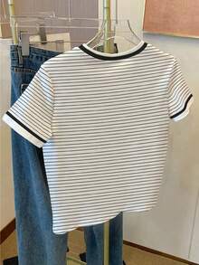 Resyla 女士字母刺绣圆领条纹印花休闲短袖T恤 - 白色 - 查看 2