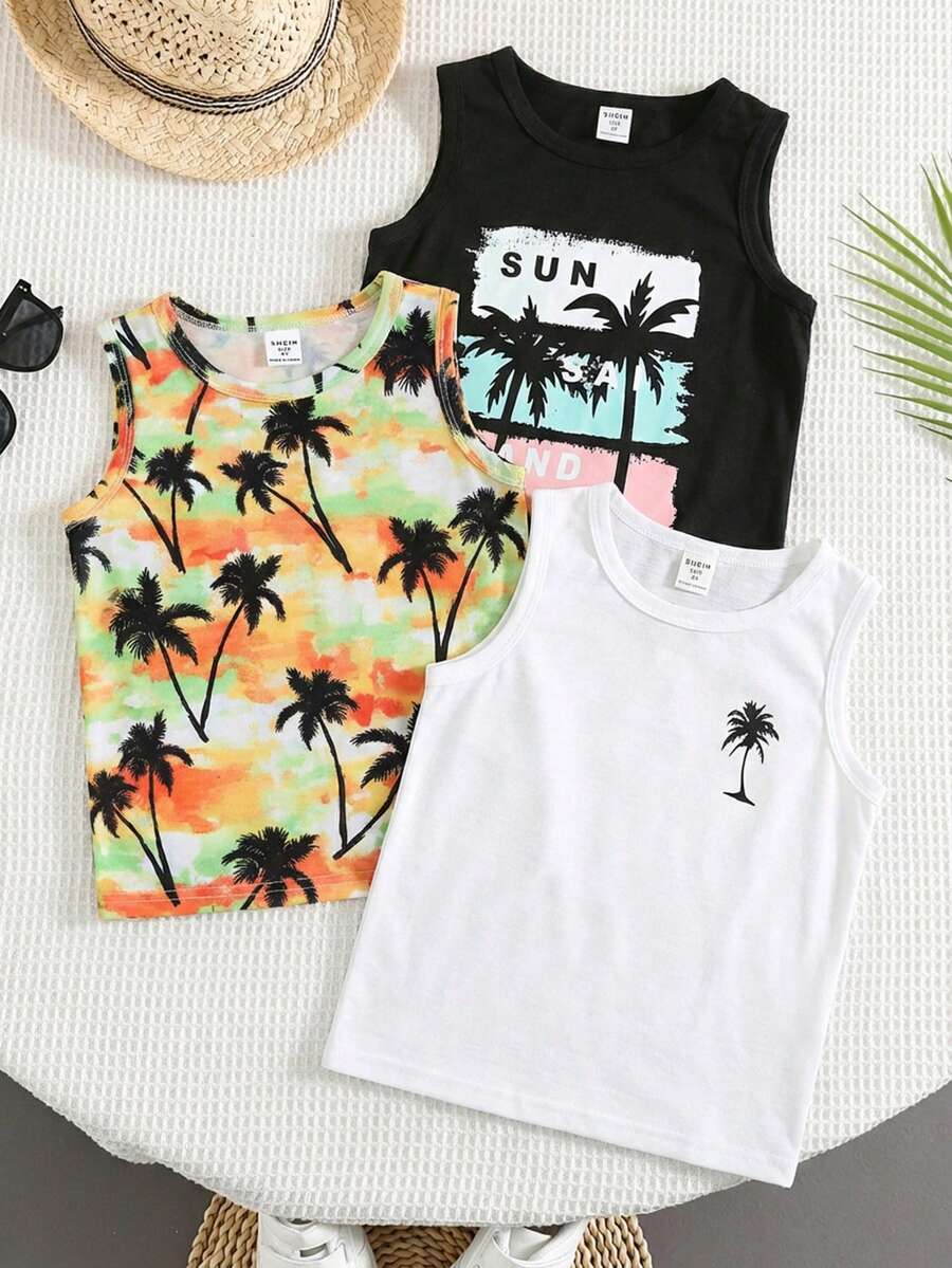 SHEIN 3pcs/Set Young Boy Casual Vacation Style Coconut Tree Print Sleeveless Loose Knit Tank Top Set, Suitable For School, Vacation, Spring & Summer - Multicolor - View 1
