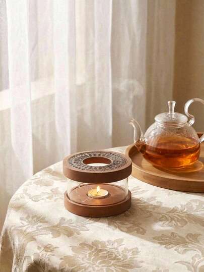 Cirelle 木质茶壶暖烛台 – 手工制作，蜡烛加热支架，防风且无需用电，乡村风格桌面装饰及茶具礼品之选