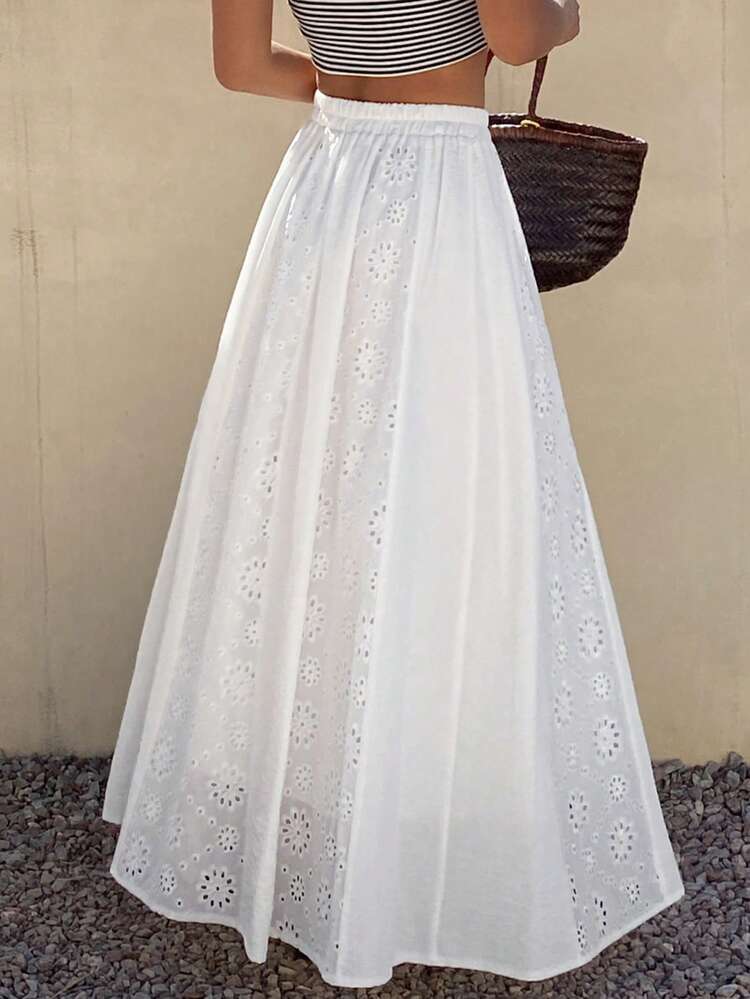 White Lace Patchwork Solid Color Vacation Skirt For Women, Summer