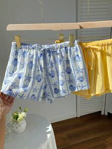 Comfortcana 2条装女士纯棉抽绳腰休闲百搭日常短裤，适合度假、美式休闲、情人节、狂欢节、居家休闲、海滩、夏季假日等场合，春季春假、毕业季、婚礼派对等场合均可穿着，优雅休闲，适合海滩度假、夏季度假等场合。黄色和蓝色海星贝壳图案，柔软亲肤，优雅可爱，性感少女风度假短裤。 - 彩色 - 查看 7
