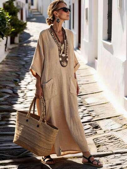 SHEIN Holidaya Summer New V-Neck Linen-Like Casual Loose Dress Linen Dresses For Women Summer Loose Summer Dress Women Vacation Dress Loose Dresses For Women Plus Size Linen Outfits Linen Maxi Dress Casual Long Dress