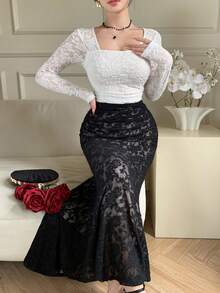 DAZY Đầm dài dự tiệc thanh lịch dành cho nữ, phối ren, thắt eo. - Đen và trắng - Xem 5
