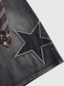 ROMWE Grunge Punk Street Fashion Tie Knot Embroidered Design Low Waist Loose Wide Leg Denim Capri Pants - Grey - View 8