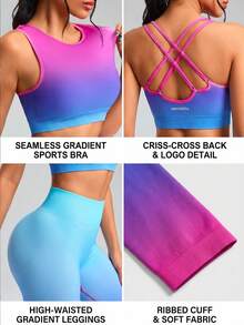 Innovista Seamless Women Gradient Print Sport Set Removable Cups Mesh Ventilation High-Waisted Leggings & Crop Top For Outdoor Yoga Indoor Cycling Boxing Running Commute Peloton Australian Open Fitness Glow Up January Gym Motivation Valentine Essentials Active Lifestyle Wear Gym Women Sets Sports Women Sets Seamless Set Light Blue Pink - Blue - View 10