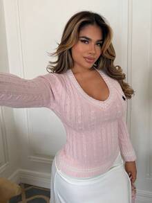 Maria Perezxox 女式V领长袖修身针织毛衣，带骑士图案，秋冬 - 查看 4