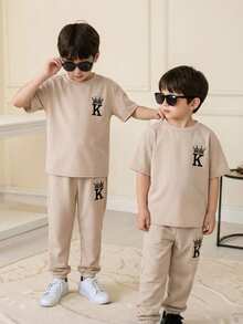 2pcs Young Boys' Casual Comfortable Versatile Printed T-Shirt And Pants Set - Khaki - View 1