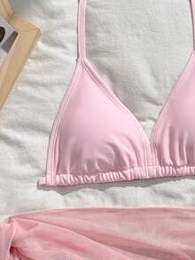 SHEIN 3 件套女童黑色泳衣套装，海滩度假派对连衣裙，春夏 - 粉色 - 查看 3