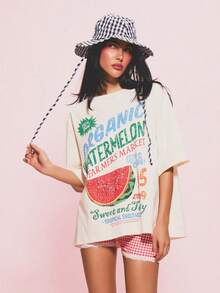 MISSGUIDED 女士有机西瓜农贸市场超大款印花短袖纯棉T恤，印有甜美可口的图案，夏季水果设计 - 杏色 - 查看 1
