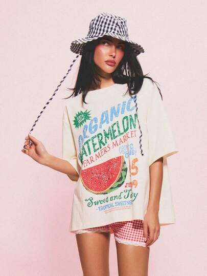 MISSGUIDED Camiseta de algodón de manga corta con diseño de sandía, estampado dulce y sabroso, para el mercado de agricultores, de corte holgado y estilo orgánico para mujer