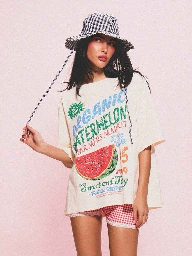 MISSGUIDED Women's Organic Watermelon Farmers Market Oversized Graphic Tee With Sweet And Tasty Print Short Sleeve Cotton T-Shirt Summer Fruit Design