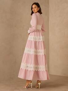 Enchnt Spring/Summer Romantic Women's Pink Floral Embroidery Lace Trim Long Sleeves Maxi Dress,Sweet&Elegant For Vacation&Date&Holiday&Going Out&Valentine's Day,Spring Outfit Women - Pink - View 7